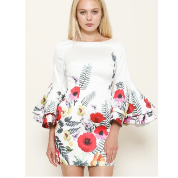 LATISTE White Floral Tiered Bell Sleeve Mini Dress - Picture 6 of 6